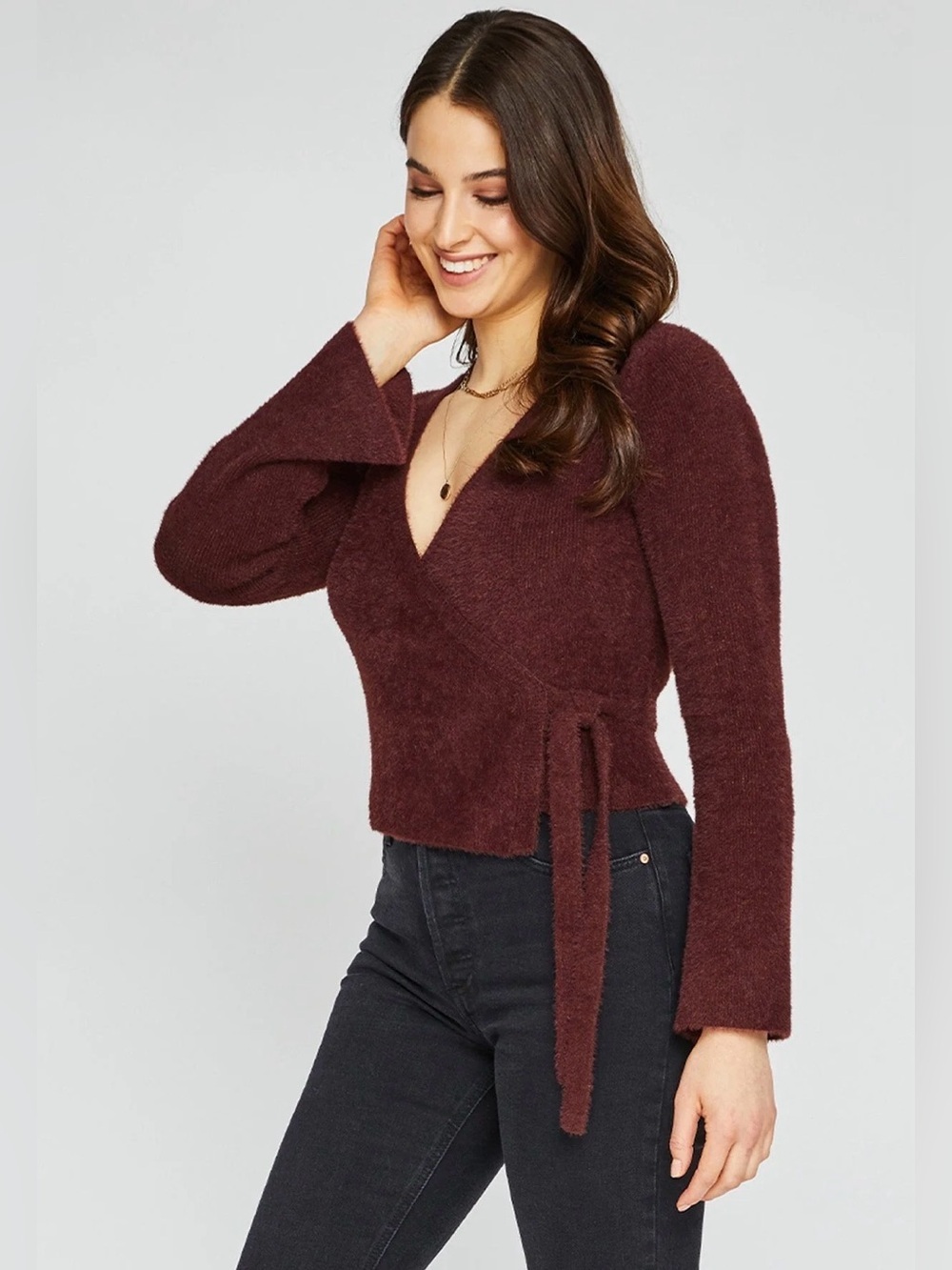 Gentle Fawn brown fuzzy wrap sweater Small cozy Balletcore Workwear